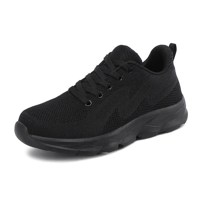Women's lightweight mesh breathable running shoes with wedge heel in black upper side view