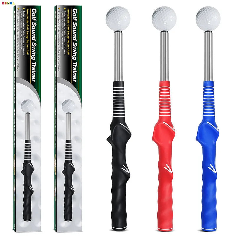 A telescopic golf swing simulator trainer in stainless steel, shown in black, blue, and red colour options.