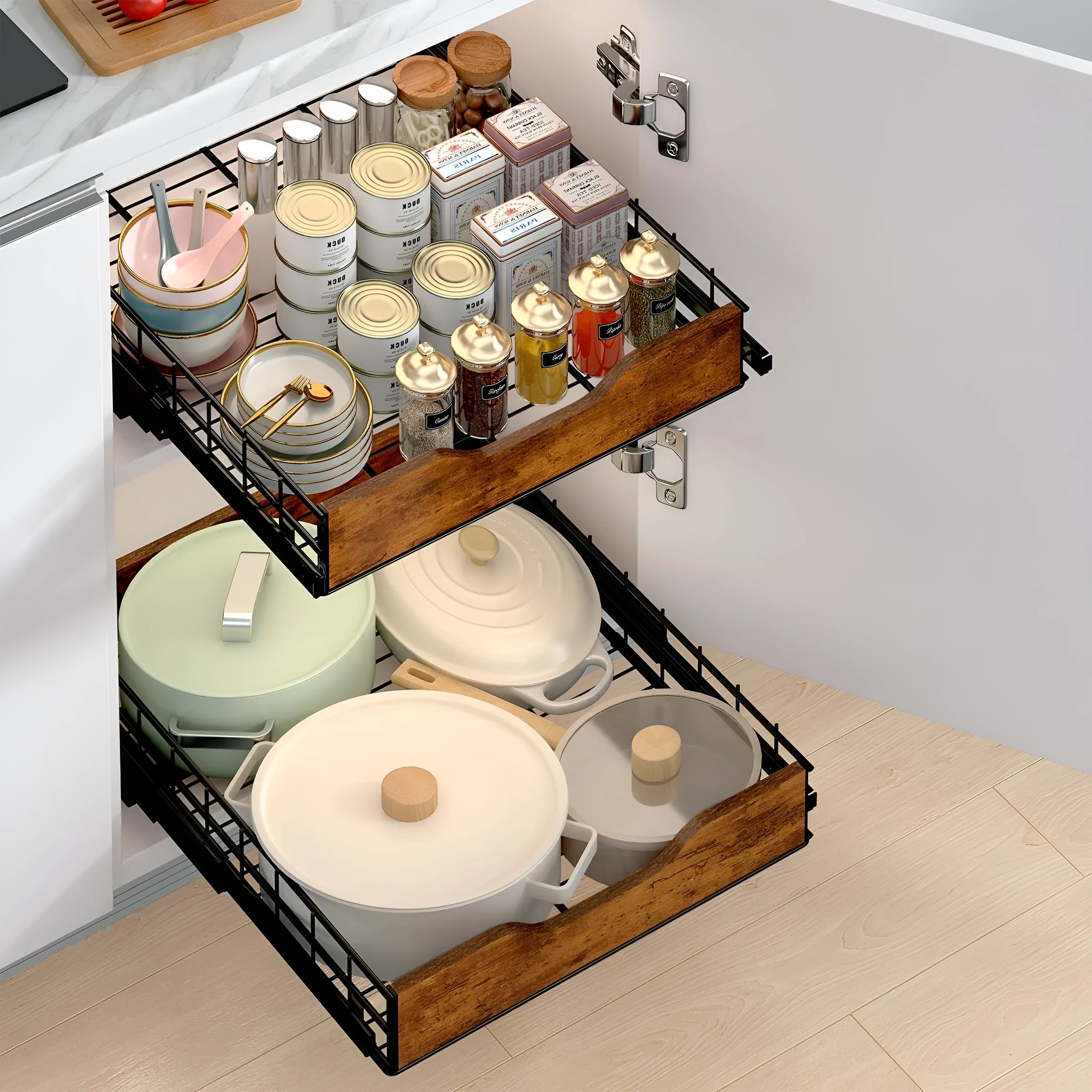 Black wooden pull-out storage basket drawer with iron frame for kitchen pantry organisation