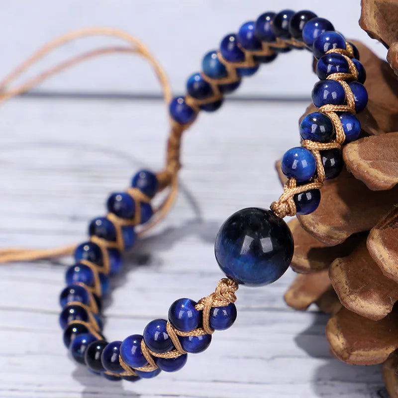 Handmade woven geometric pull bracelet with stone beads and elastic closure