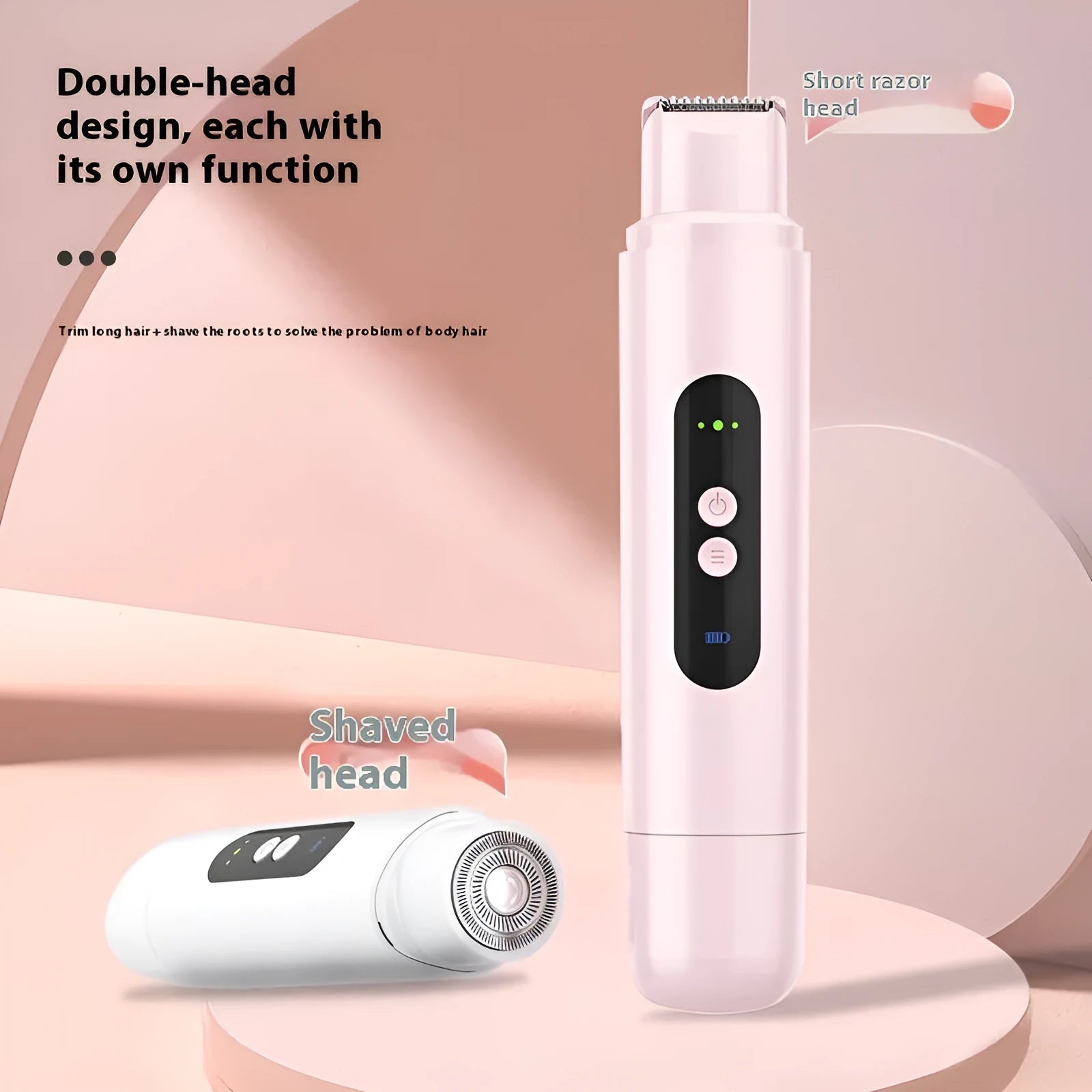 White and pink portable electric depilator with floating shaver blade and USB charging cable.