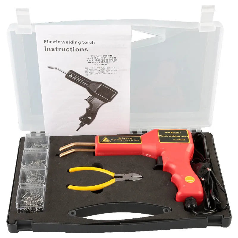 Red CR307 model 30W plastic welding gun for car bumper repair on a workbench.