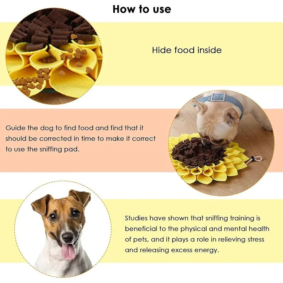 Yellow sunflower-shaped dog snuffle mat measuring 37.5cm with rope and buckle anti-slip design