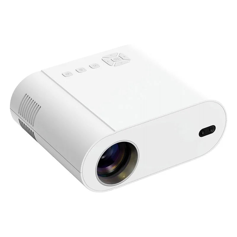 White T07 Full HD Smart Projector with remote control on a table