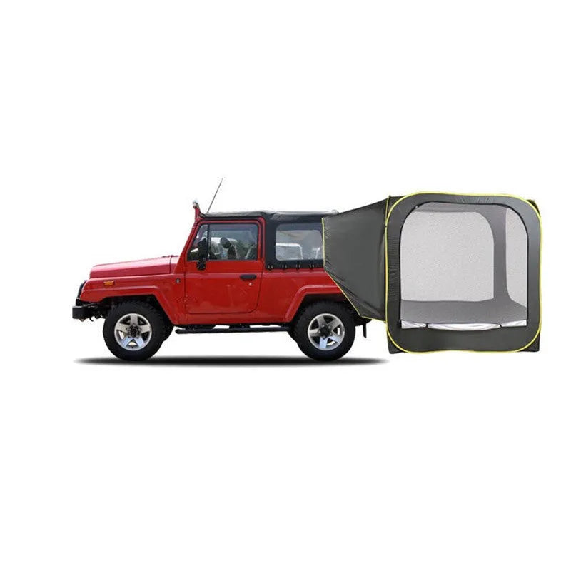 Black pop-up car tail tent with quick throw setup shown unfolded to 200x200x200cm dimensions
