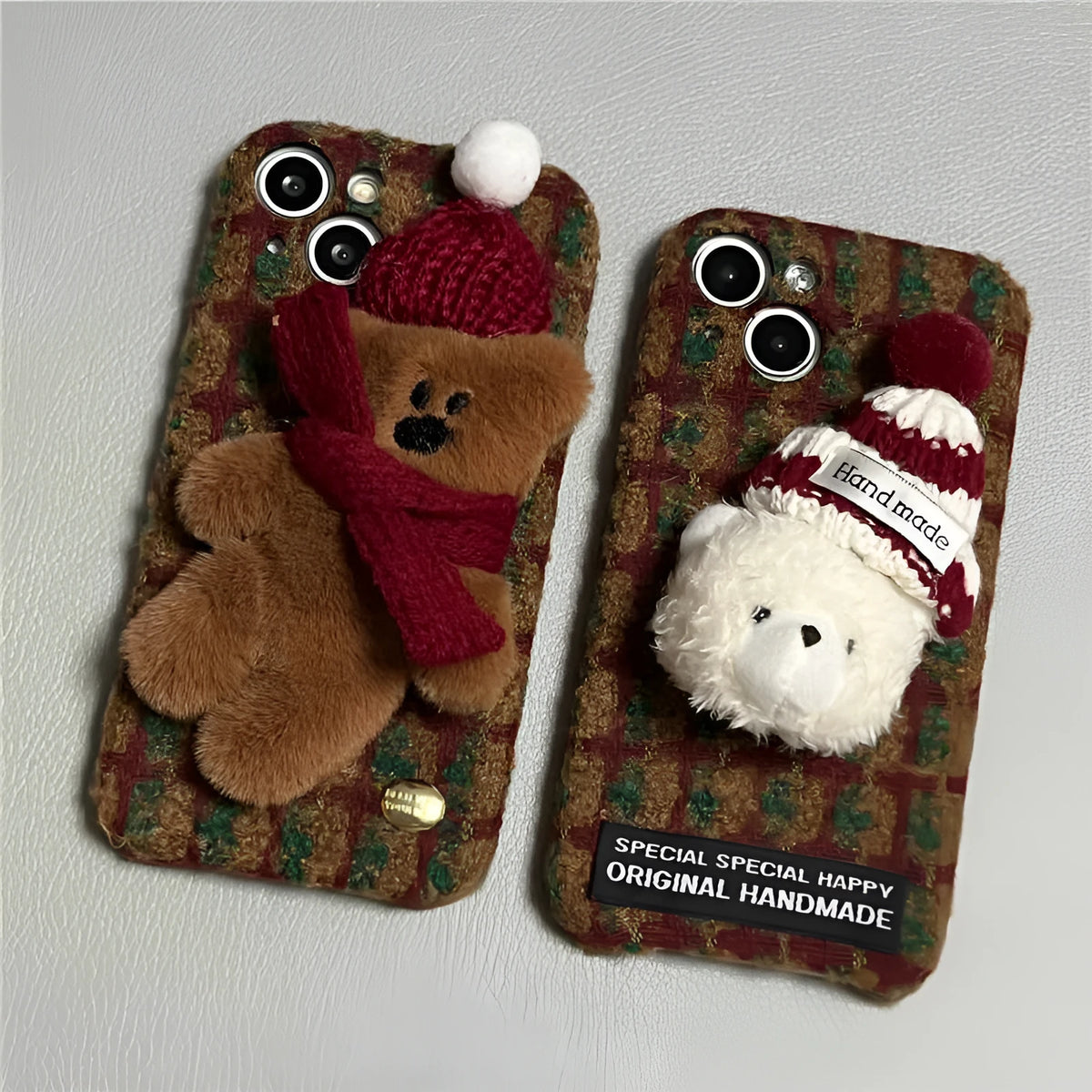 Red plush plaid cartoon bear drop-resistant phone case for Apple iPhone with scarf detail