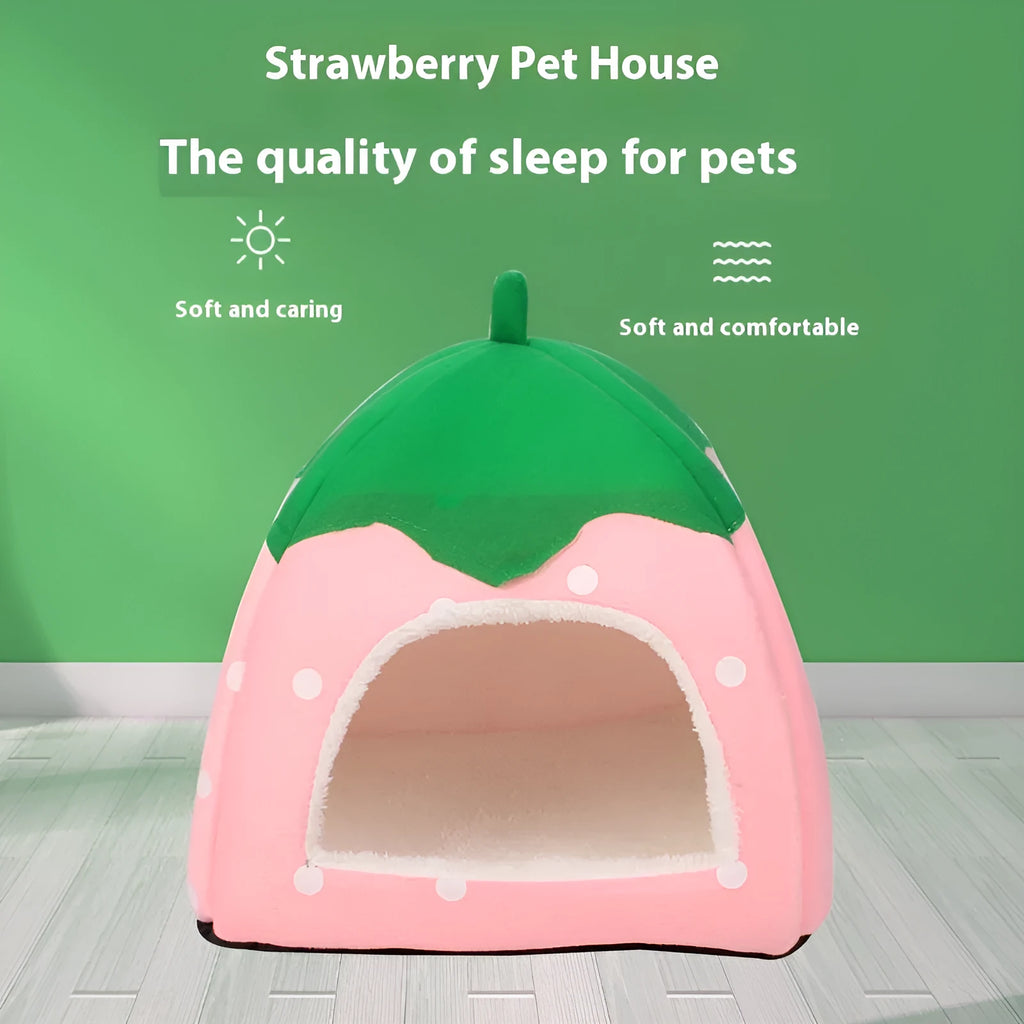 Plush strawberry pet nest in pink, blue, purple, or red, cloth cat and small dog bed in five sizes
