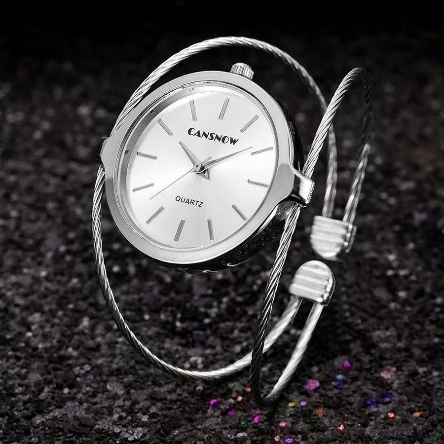 Starry sky design women's steel wire bracelet watch in rose gold with quartz movement and spiral crown