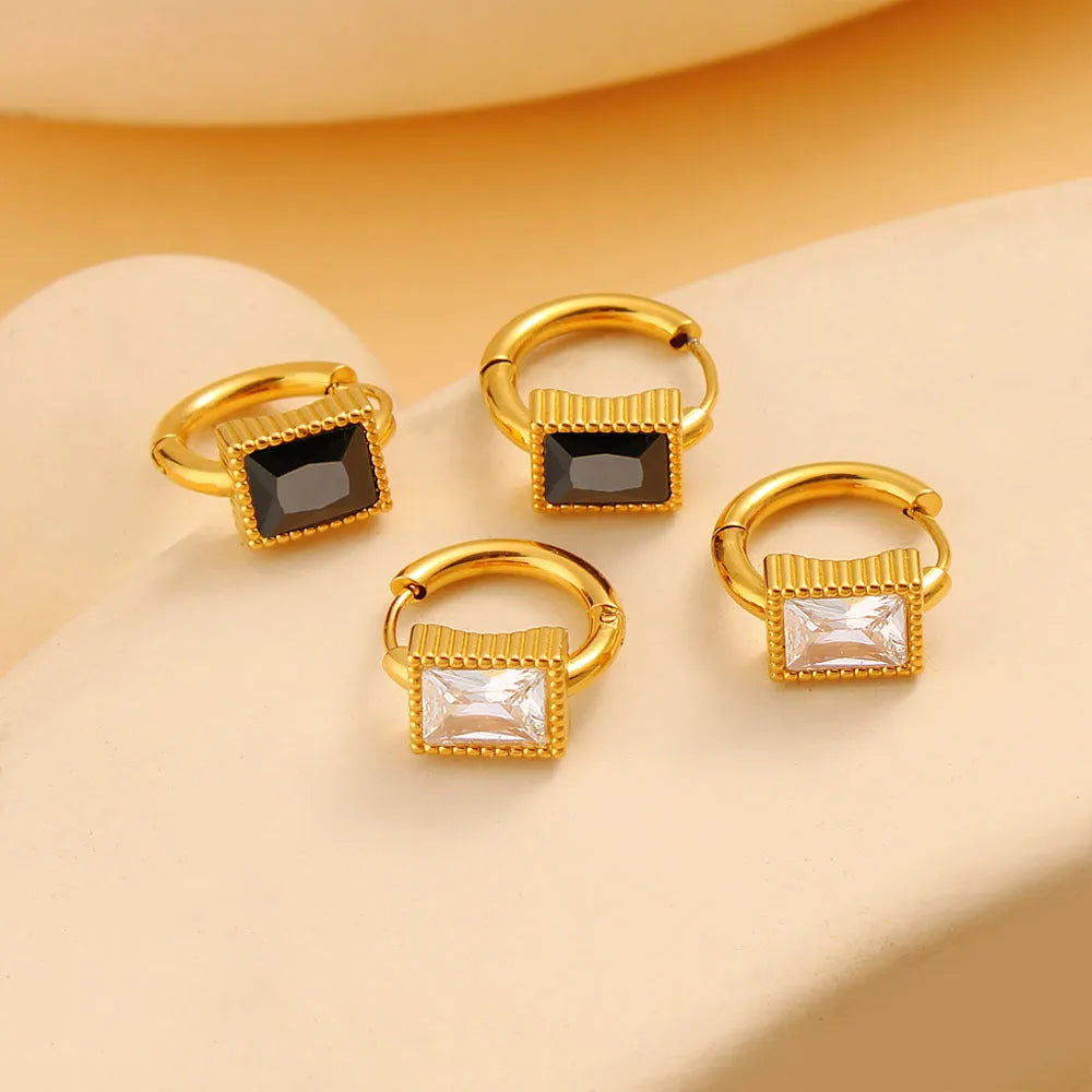 Women's square zircon stainless steel earrings with geometric design in black colour