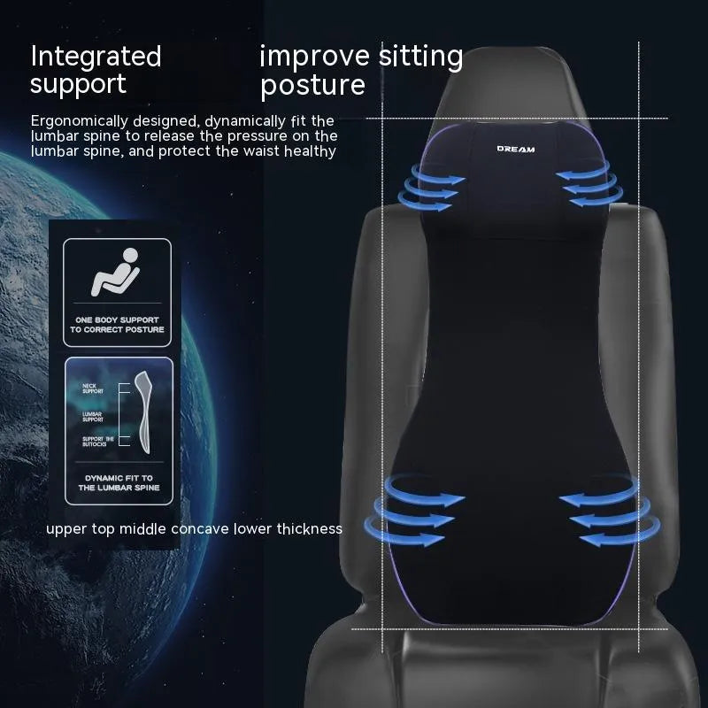 Black memory foam automotive lumbar support cushion with integrated headrest on a car seat.