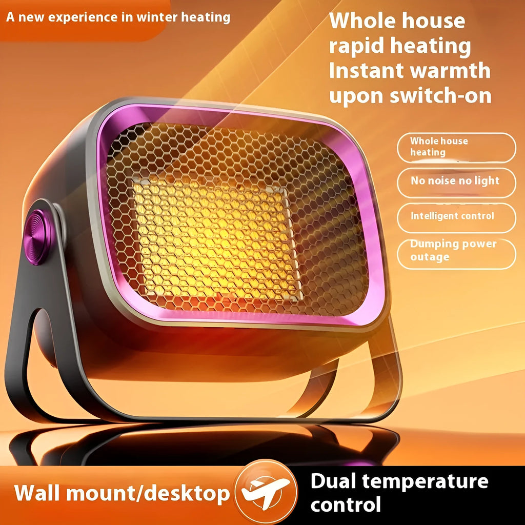 Compact white desktop ceramic fan heater showing control buttons and rotatable base.