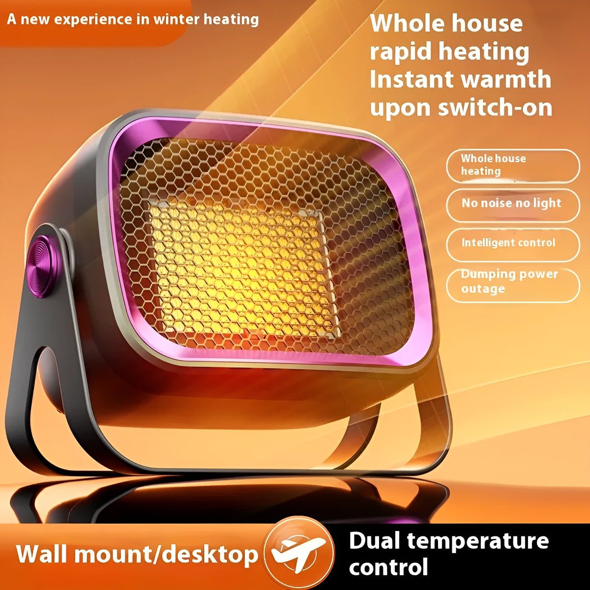 Compact white desktop ceramic fan heater showing control buttons and rotatable base.