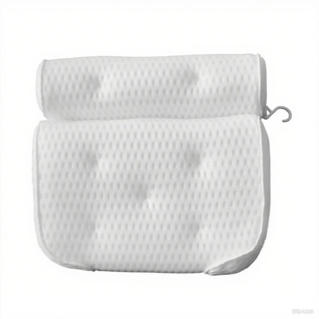 White 4D mesh bathtub pillow with suction cups on a bathtub.