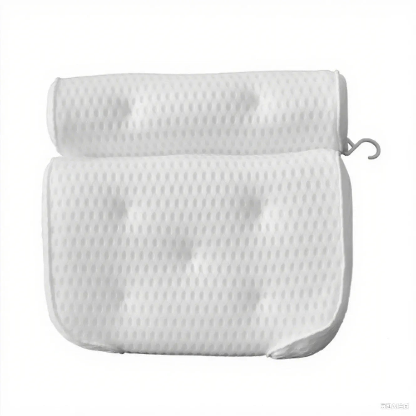 White 4D mesh bathtub pillow with suction cups on a bathtub.