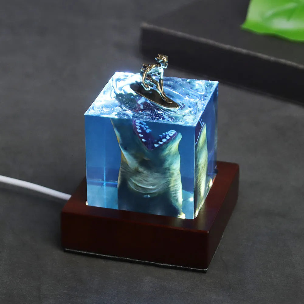 Ocean shark surfer crystal resin craft night light ornament with lamp holder