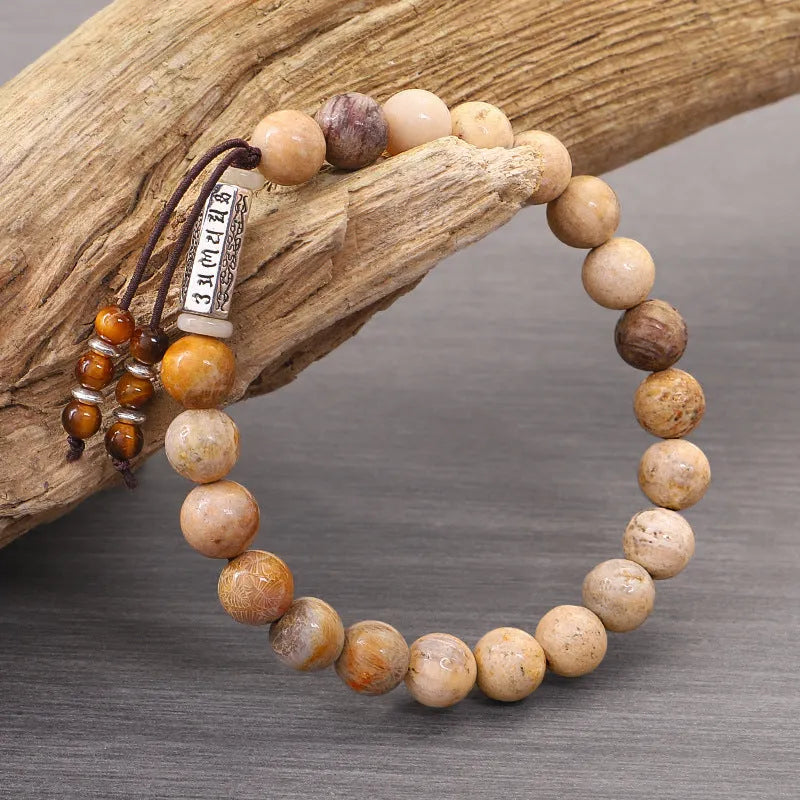 Handmade natural stone bead bracelet in wood colour with retro simple European-American style