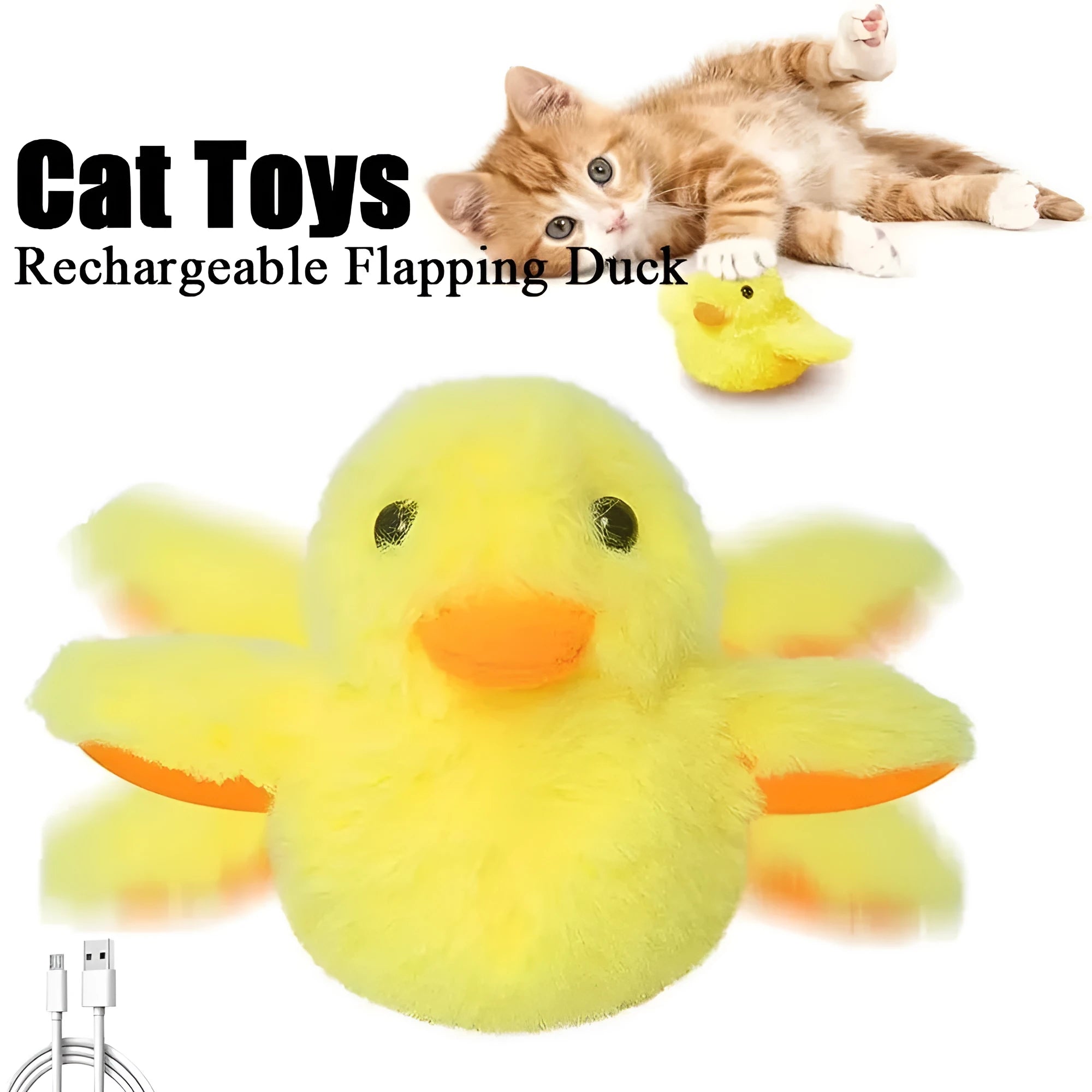 Yellow polyester plush duck-shaped electronic cat toy with USB charging cable.