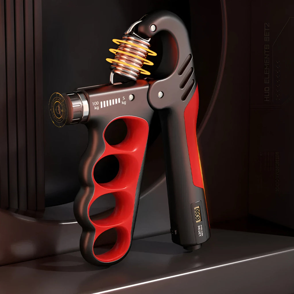 Adjustable electronic count spring grip hand exerciser in orange, red, or grey colour.