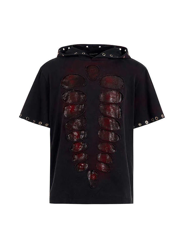 Black men's hooded t-shirt with cut sequin detailing and short sleeves in loose fit