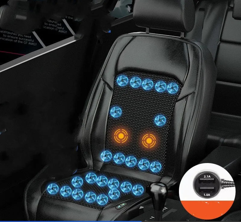 Black ventilated car seat cushion with multiple cooling fans, connected to a 12V car plug.