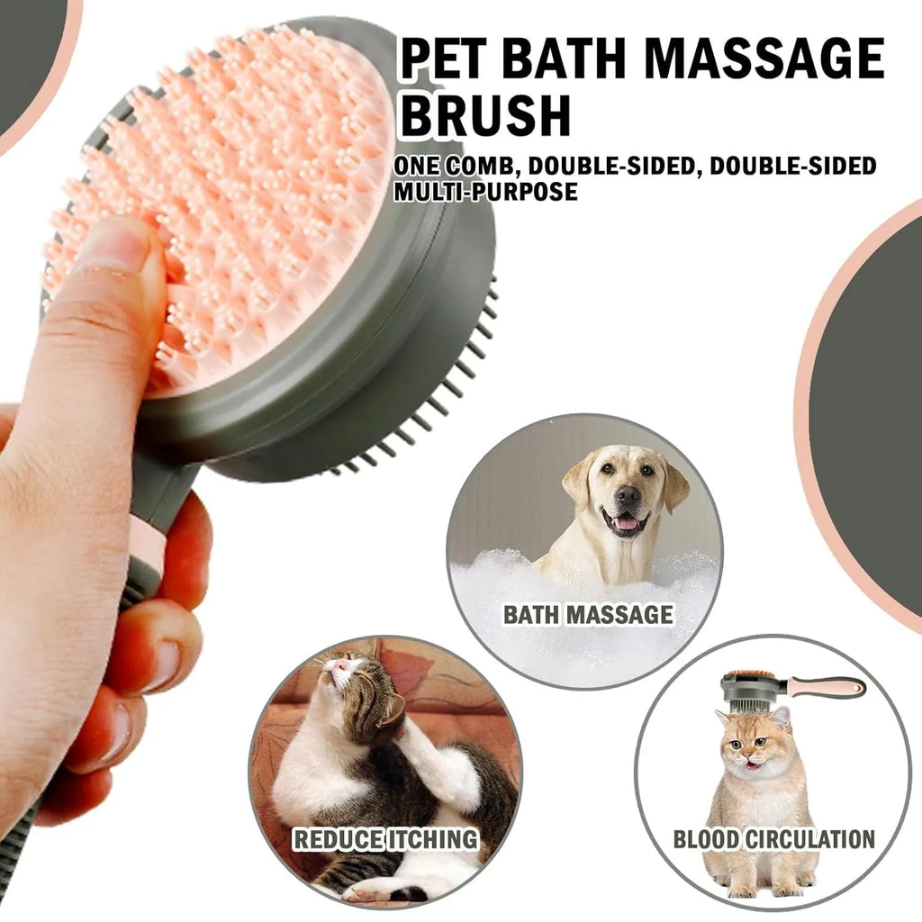 Double sided pink cat brush with release button and flea comb for grooming