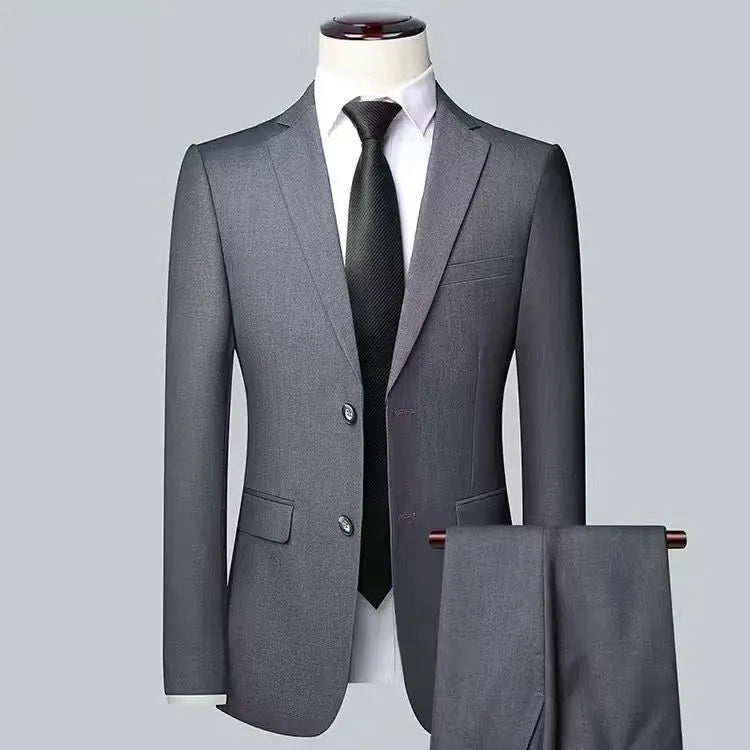 Men's South Korean-style slim-fit business two-button suit set in gray colour showing coat and trousers