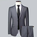 Men's South Korean-style slim-fit business two-button suit set in gray colour showing coat and trousers