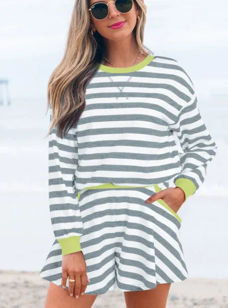 Black stripe cotton-elastane blouse and shorts set with contrast ribbed banding detail