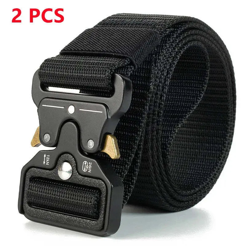 Men's thick canvas tactical belt with alloy release buckle shown in khaki colour