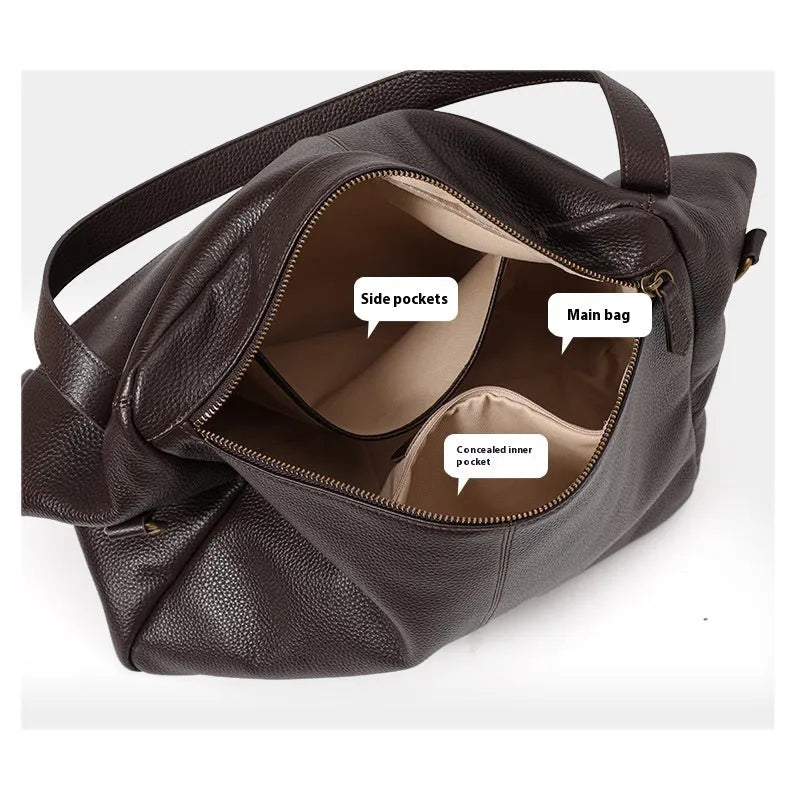 Brown genuine leather women's shoulder bag with horizontal square shape for commuting