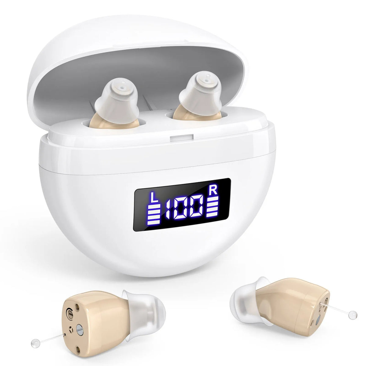 White noise reduction hearing aid with digital display, transparent cable, and magnetic charging base
