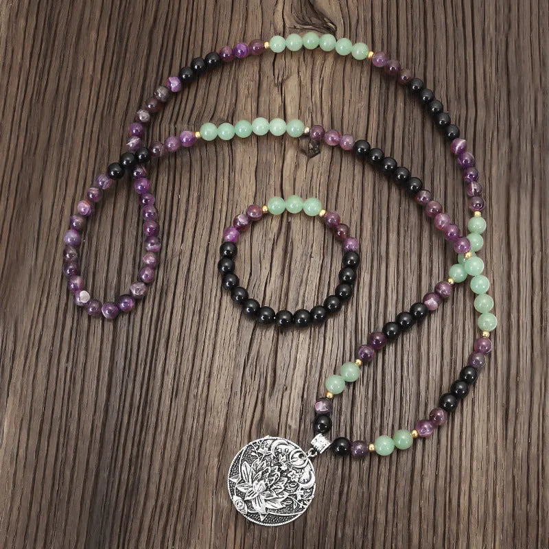 Handmade stone bead necklace with alloy lotus pendant and matching bracelet