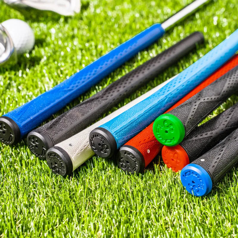 TPE golf club grip showing non-slip texture in multiple colour options including pink, blue, white and two-tone combinations