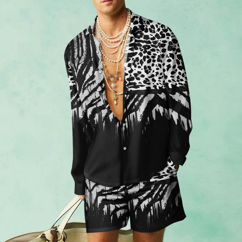 Slim fit long sleeve shirt and matching shorts casual summer set in polyester.
