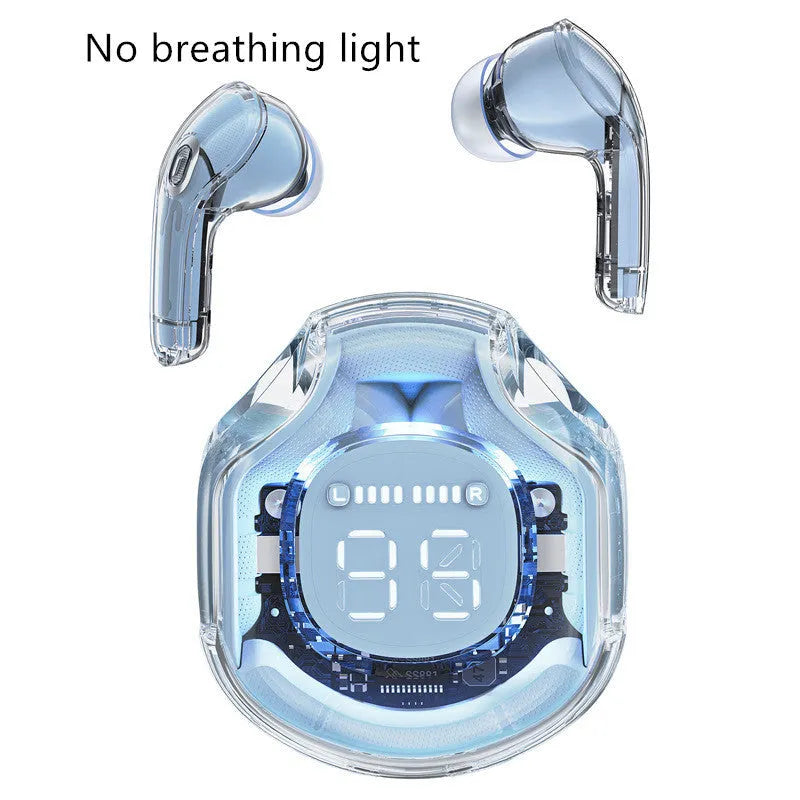 Transparent warehouse wireless Bluetooth in-ear headset in white, black, pink, sky blue, or violet colour options