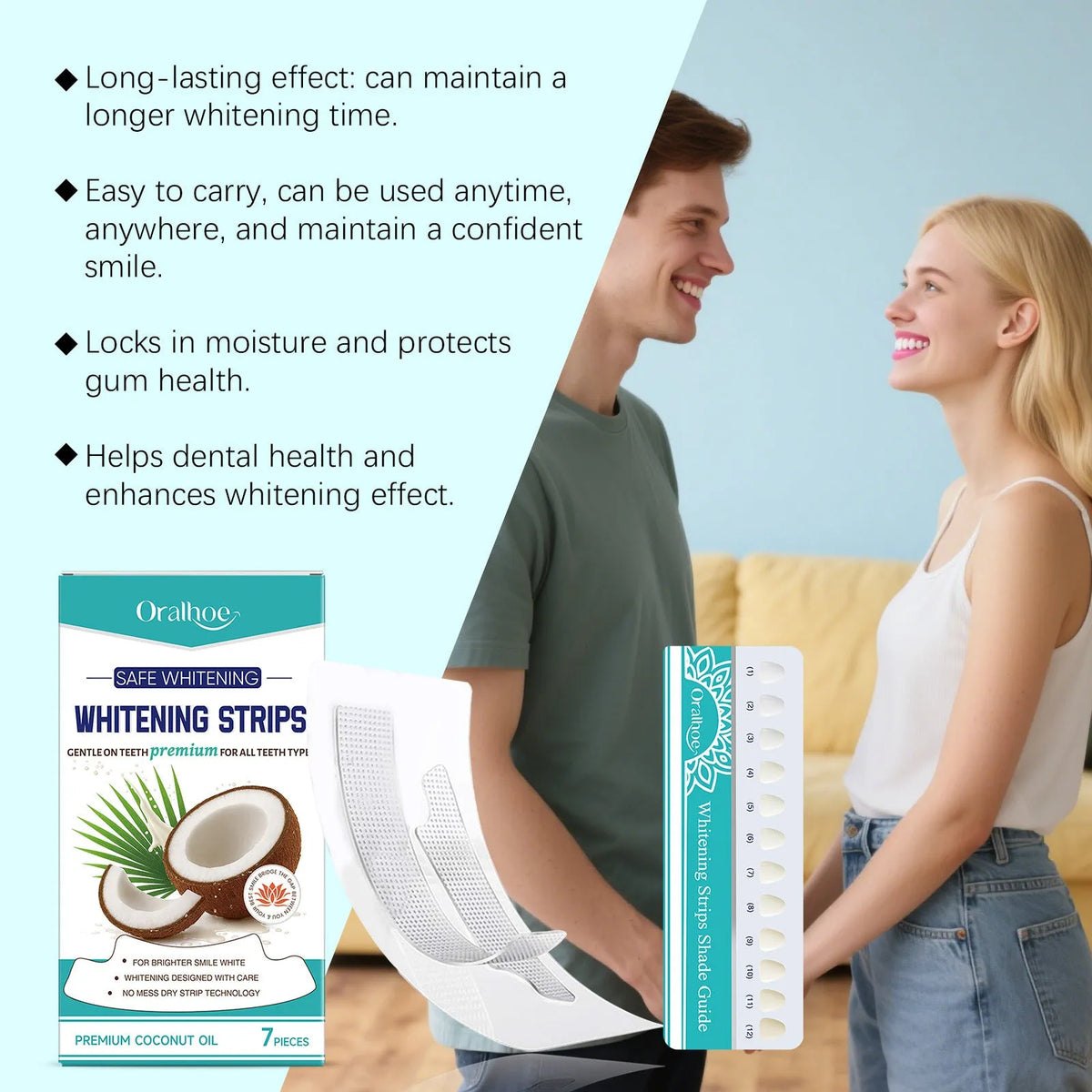 Gear rack teeth whitening strips set with 7-tooth colourimetric card and mild ingredients
