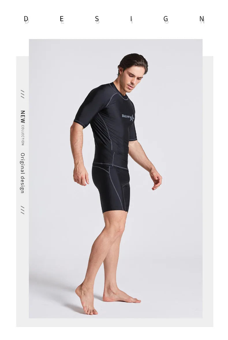 Men's half-sleeve nylon swimsuit set in blue for snorkelling and surfing with matching top and pants