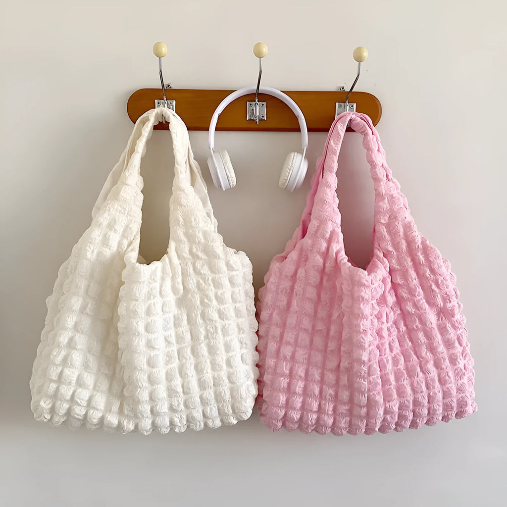 Cute pleated puff shoulder bag for women – canvas, solid colour, large capacity, top width 45cm, height 31cm