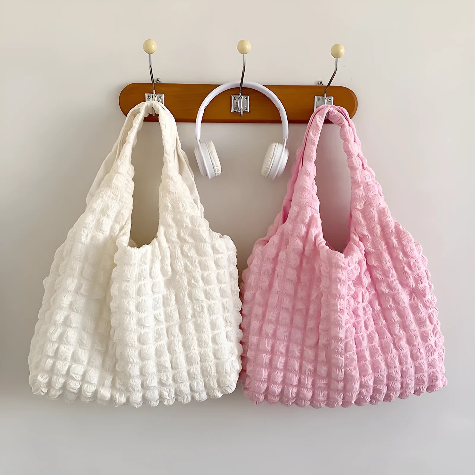 Cute pleated puff shoulder bag for women – canvas, solid colour, large capacity, top width 45cm, height 31cm