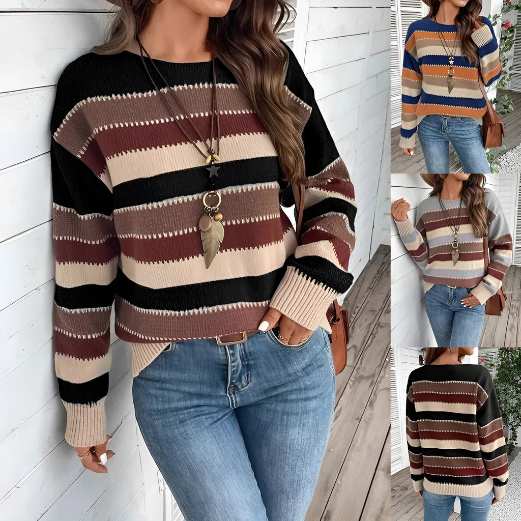 Women's colourblock striped polyester pullover sweater with long sleeves for autumn winter wear