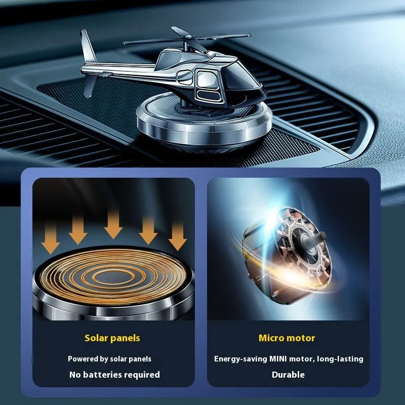 Solar-powered metal helicopter car perfume ornament rotating on dashboard