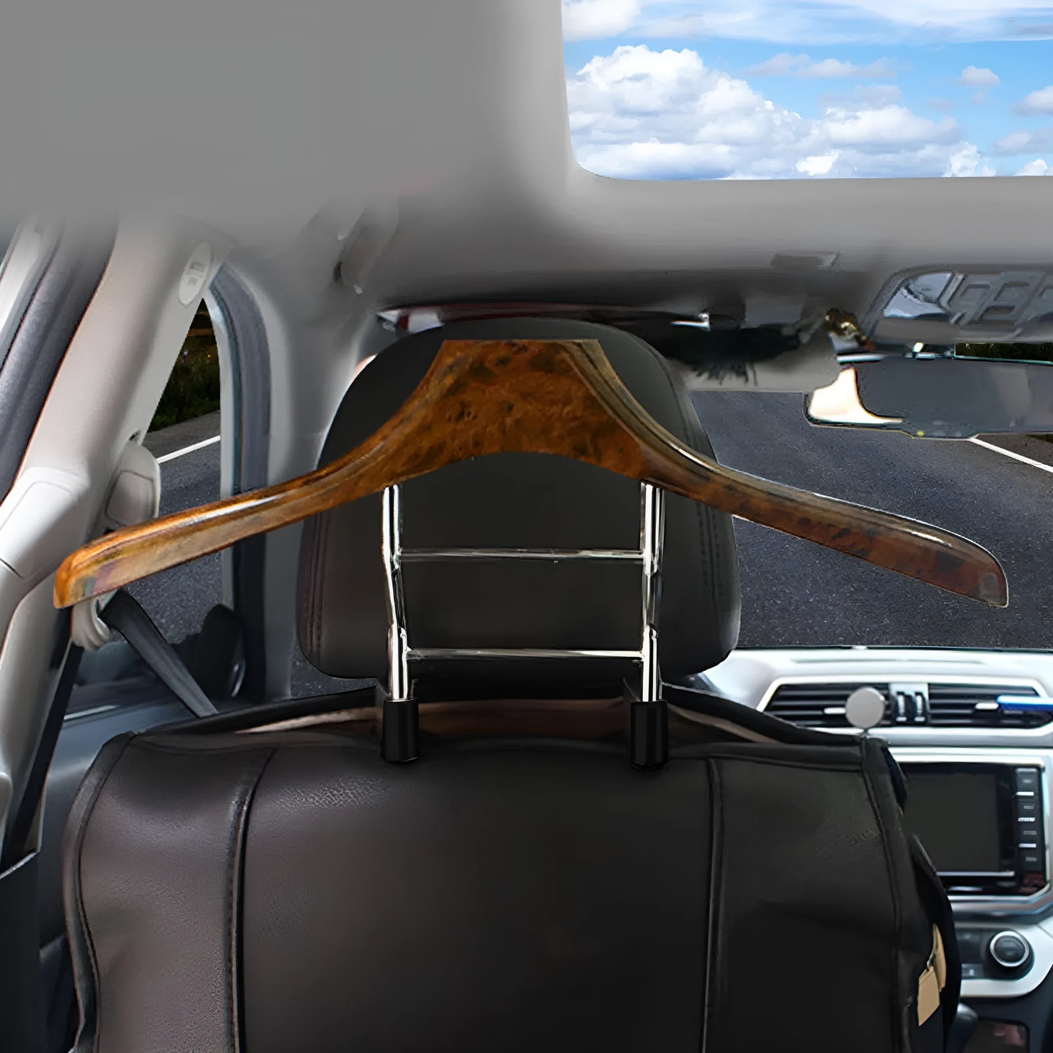 Wood yellow stainless steel car clothes hanger measuring 46.5 by 23 cm for vehicle garment transport