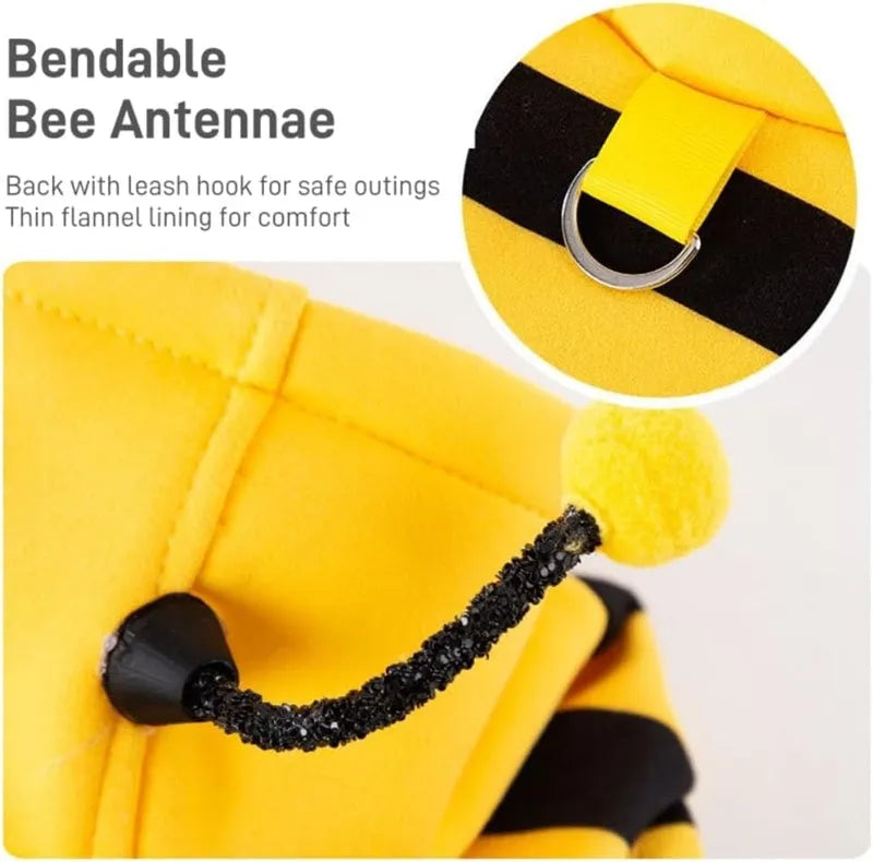 Yellow and black striped bee antenna hoodie for small dogs with flexible antennae and back belt hook