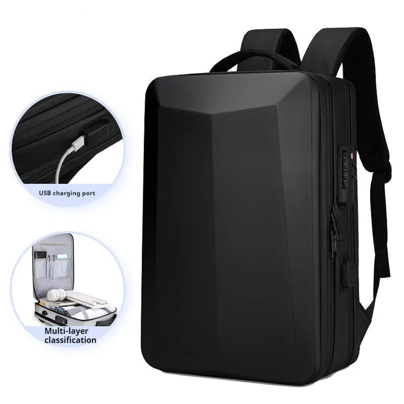 Men's business backpack in black or silver white with ABS PC construction and curved shoulder straps