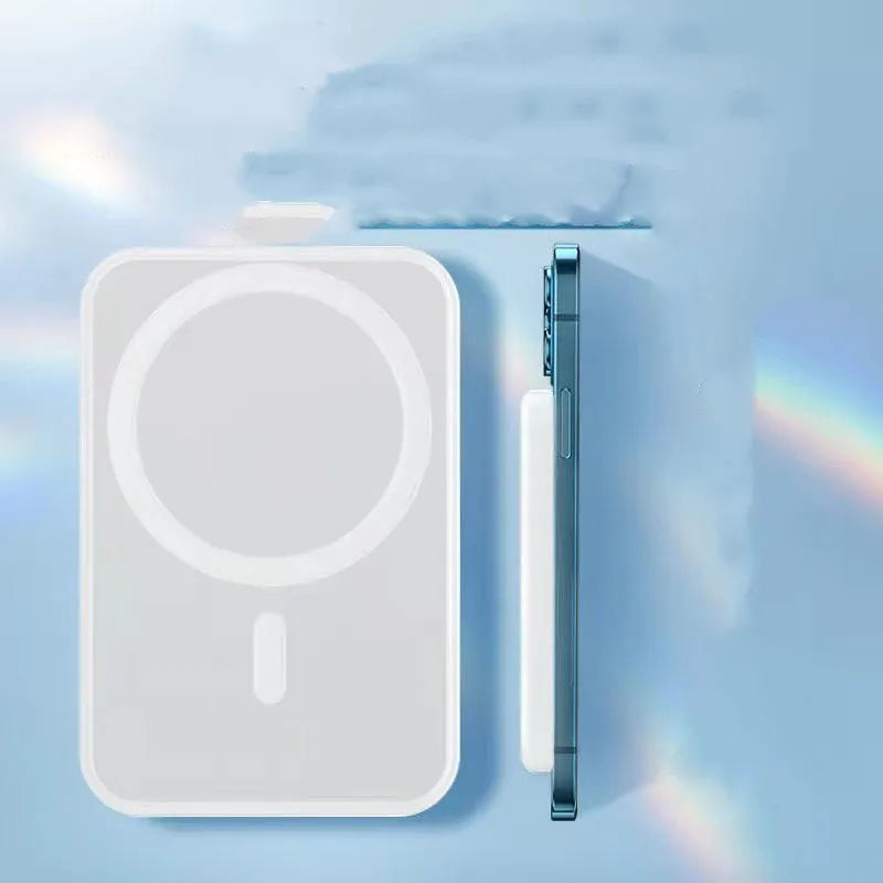 Portable magnetic wireless charger power bank with 5000mAh capacity in white PVC shell