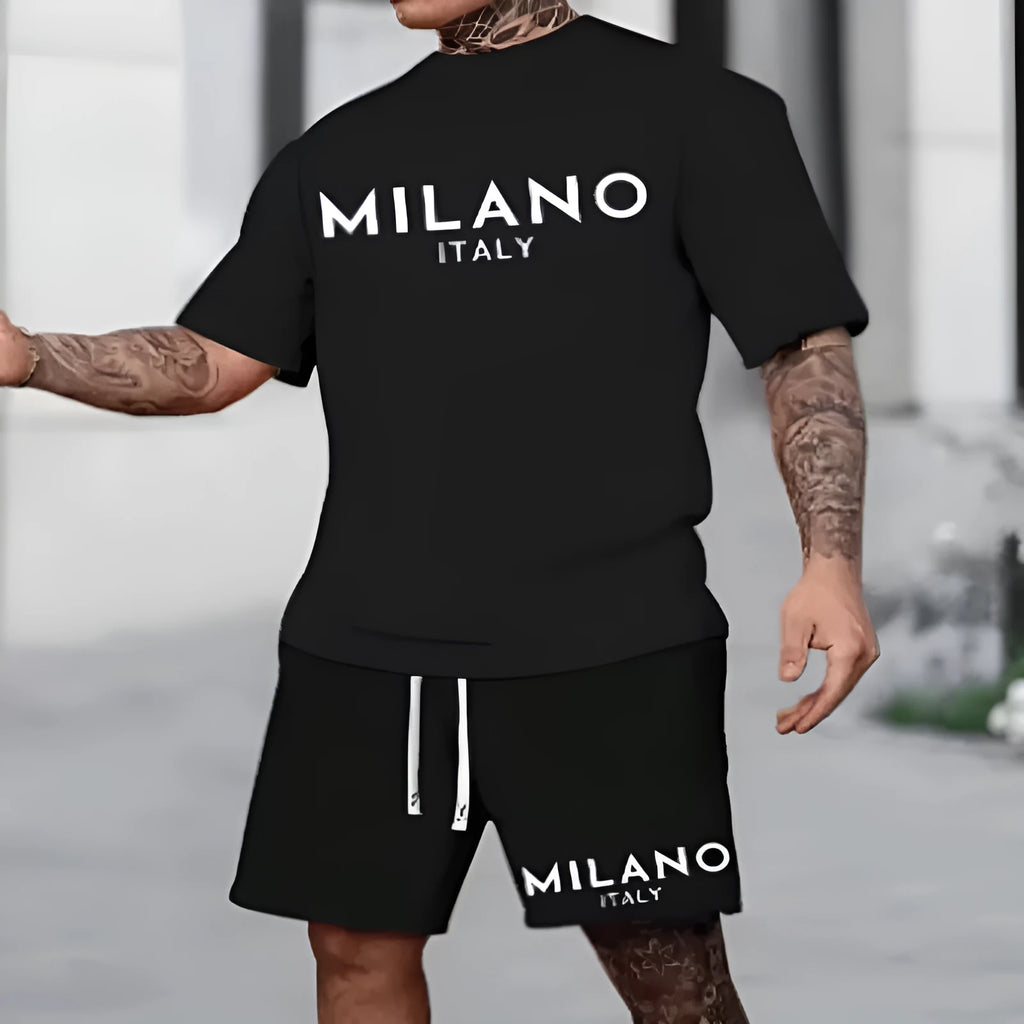 Men's short sleeve polyester suit set with round neck pullover and matching shorts