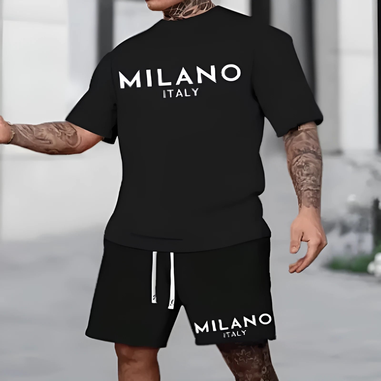 Men's short sleeve polyester suit set with round neck pullover and matching shorts