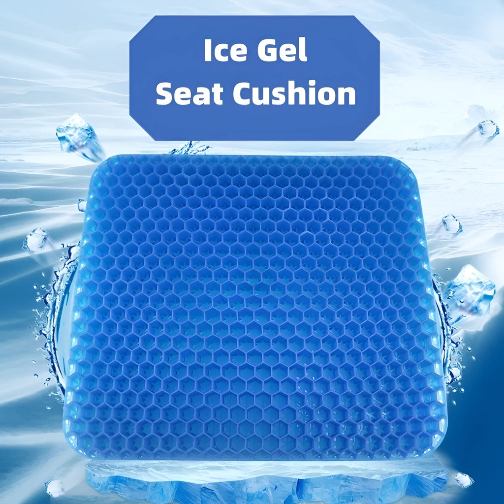 Square gel seat cushion with honeycomb design showing double-thick construction for pressure relief