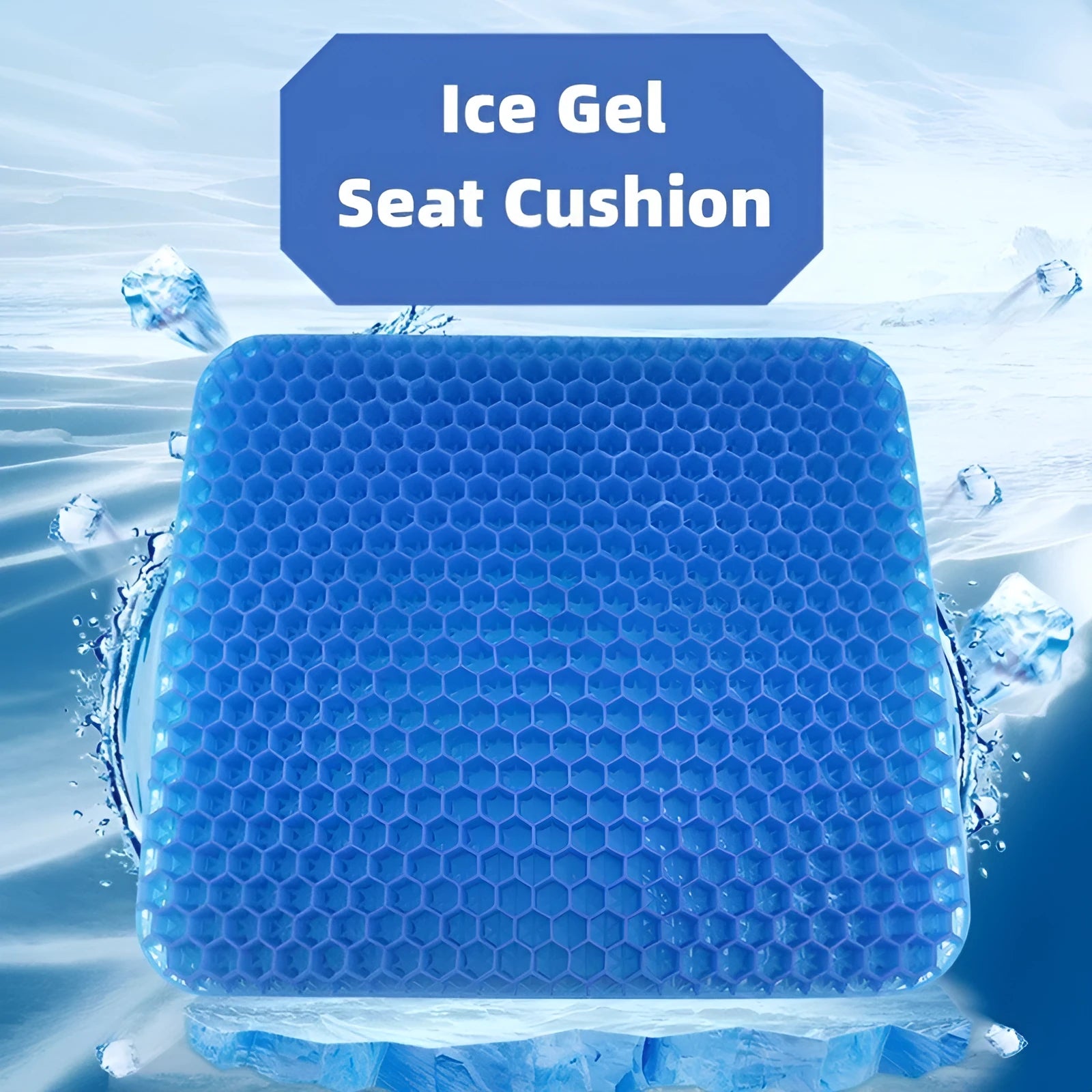 Square gel seat cushion with honeycomb design showing double-thick construction for pressure relief