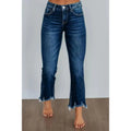 Women's solid colour cotton denim jeans with a hand-worn finish in dark blue.
